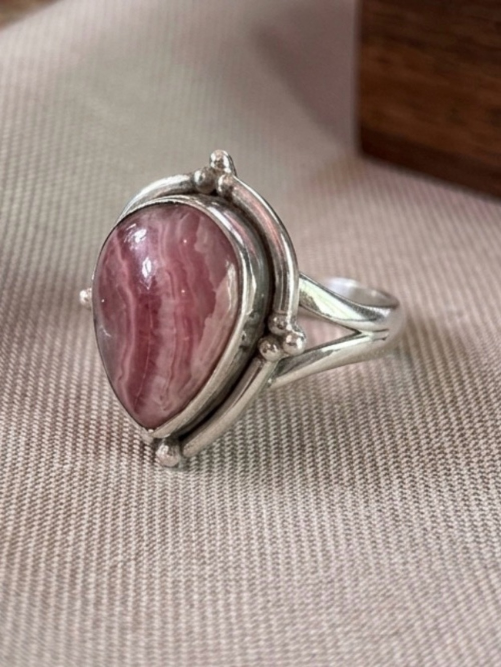 Vintage Sterling Silver Rhodochrosite Ring Teardrop Pink Gem Signed Boho Sz 5.5